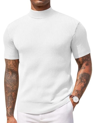 Image of COOFANDY Men's Mock Turtleneck T Shirt Short Sleeve Stand Collar Top Ribbed Knitted Pullover Stretchy Solid Tee White L