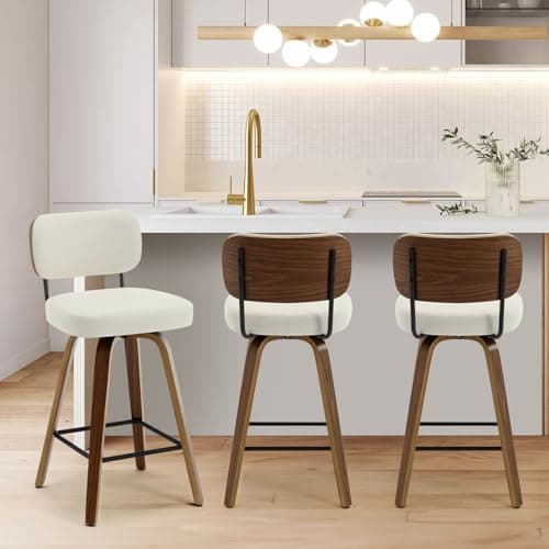 Image of Bekrvio Swivel Bar Stools Set of 3, 65CM Upholstered Faux Leather Barstools with Back and Bent Wood Legs, Mid Century Modern Bar Chair Island Stool for Kitchen Counter, Cream White