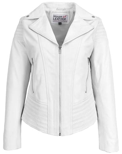 Image of Womens Real Leather Biker Jacket Trendy Fitted Casual Style Emily (UK, Numeric, 20, Regular, Regular, White)