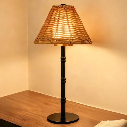 Image of Mr.White Rechargeable Cordless Table Lamp with Wicker Shade, 5200mAh Battery Operated Portable Table Light with Touch Control, for Patio Restaurant Kitchen Dinner (Black)