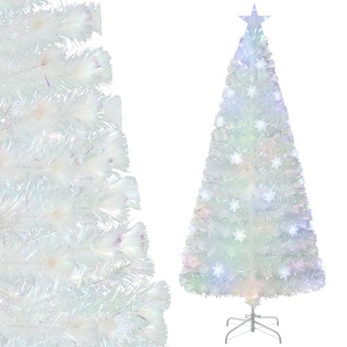 Image of GYMAX 4FT/5FT/6FT/7FT Fiber Optic Christmas Tree, White Artificial Pre-lit Xmas Tree with Top Star Light, Multi-color Snowflake Lights, 130/170/230/270 Branch Tips, Party Home Decoration Tree (180CM)