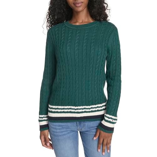 Image of Tommy Hilfiger Women's Cotton Crew Neck Cable Sweater Pullover, Forest Multi, Medium