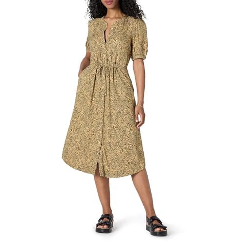 Image of Amazon Essentials Women's Relaxed Fit Half-Sleeve Waisted Midi Shirt Dress, Black Camel Animal Print, XXL
