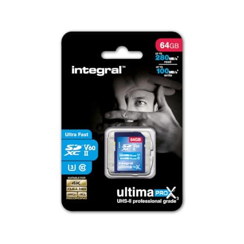 Image of Integral 64GB UHS-II SD Card V60 Up to 280MBs Read and 100MBs Write Speed 1733X SDXC Professional High Speed Memory Card