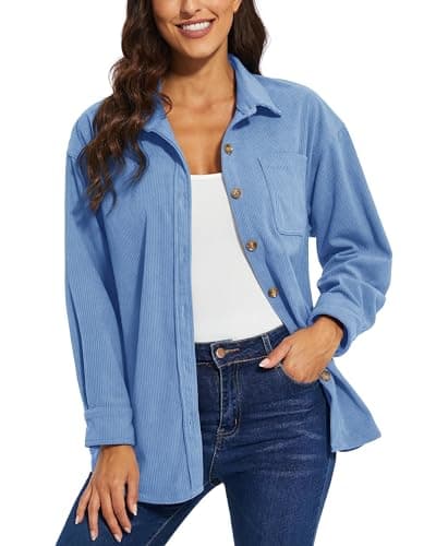 Image of TACVASEN Womens Casual Shacket Long Sleeve Shirt Button Down Blouses Tops Shacket Soft Corduroy Jacket Coat Light Blue,XL