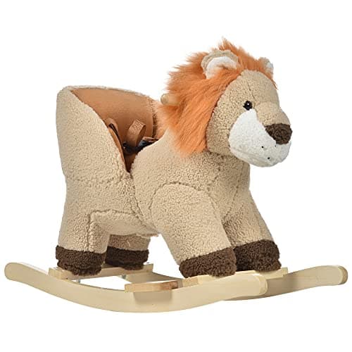 Image of HOMCOM Baby Rocking Horse, Plush Ride on Lion Seat for Toddlers 18-36 Months with Sound, Seat Belt, Wood Base, Animal Rocker for Children, Brown