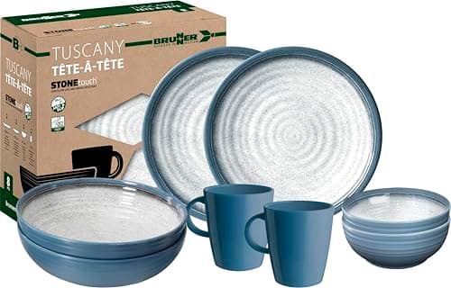 Image of Brunner Stonetouch Melamine Caravan Dinner Set, Anti Slip Outdoor Tableware Set, Lightweight Break Resistant Plates Bowls & Mugs - Camping, Motorhome, Picnic Dining Set (Tuscany, 8 Piece Set)
