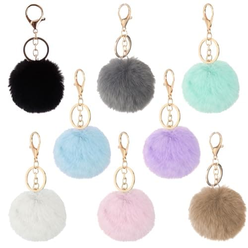 Image of AYNKH 8 Pcs Pom Pom Keyrings, Fluffy Keyring Keychain, Fluffy Pom Pom Balls Soft Plush Key Ring, Bag Accessories, Faux Fur Balls Pendant Keychain Decoration for Woman Girls Gifts