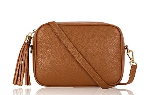Image of Montte Di Jinne - 100% Made in Italy - Soft Leather Leather Women's Cross Body Bag with Tassel key Ring (Dark Tan)