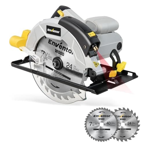 Image of Enventor Circular Saw, 1200W 5800RPM Pure Copper Motor Electric Circular Saws with Laser Guide, 2 Saw Blades(185mm, 24T+ 40T), Max Cutting Depth 62mm (90°), 42mm (45°), Ideal for Wood Cutting Corded