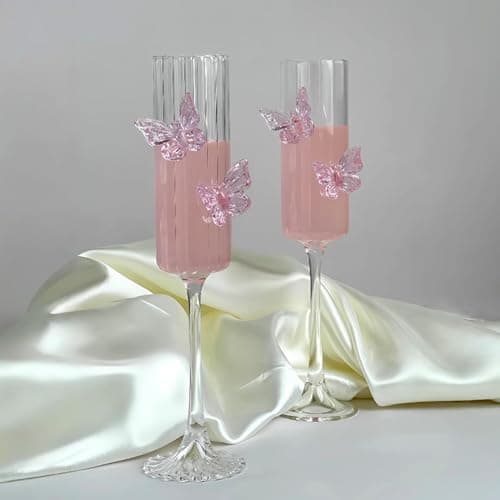 Image of 2Pcs Pink Butterfly Wine Glasses, 3D Butterfly Champagne Cups Drinking Glasses Fashioned Wine Cocktails Glassware Romantic Champagne Glasses for Weddings Engagements Party Gifts (Striped Style)