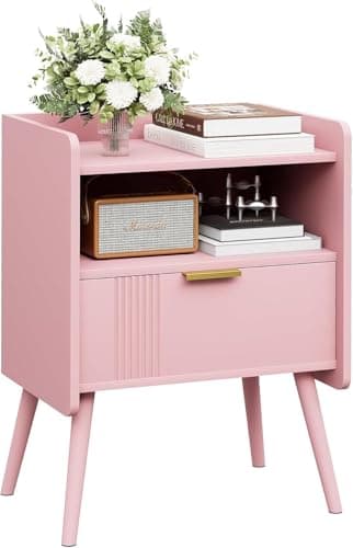 Image of Garden 4 you Bedside Table, Nightstand, Bed Side Table with Wood Decorated Drawers, Modern Bedside Cabinet, Bedroom End Table with Storage, Quick Easy Assembly (Pink, One Drawer)