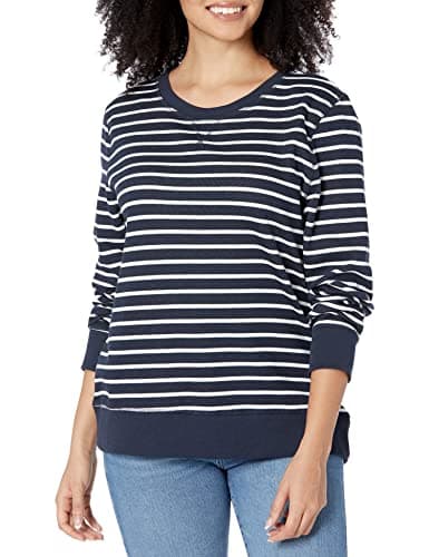 Image of Amazon Essentials Women's French Terry Fleece Crewneck Sweatshirt (Available in Plus Size), Navy White Stripe, Medium
