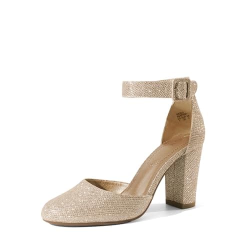 Image of DREAM PAIRS Womens High Heels Closed Toe Court Shoes Block Ankle Strap Ladies Sandals for Wedding,Size 6,Gold/Glitter,Angela