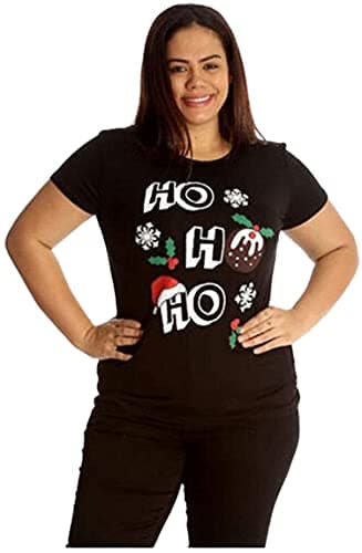 Image of H&F ® Women’s Ladies Short Sleeve Round Neck Snowflake Reindeer Hanky Xmas Top Rudolph Reindeer Christmas Print T-Shirt Sizes (HO HO Black, 18)