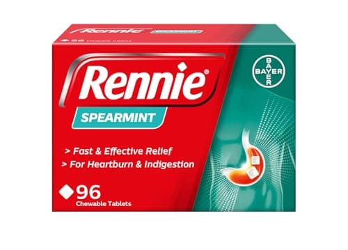 Image of Rennie Spearmint Flavour Antacid, Heartburn and Indigestion Chewable Tablets, 1 pack of 96 tablets - Gets to work in 60 seconds for fast and effective heartburn relief