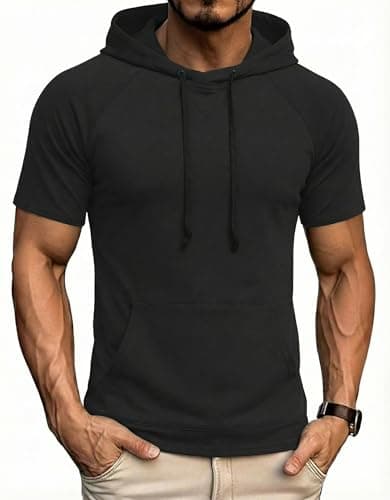 Image of COOFANDY Short Sleeve Hoodie Men Summer Thin Hoodie Casual Gym Hooded T Shirt for Men Black L