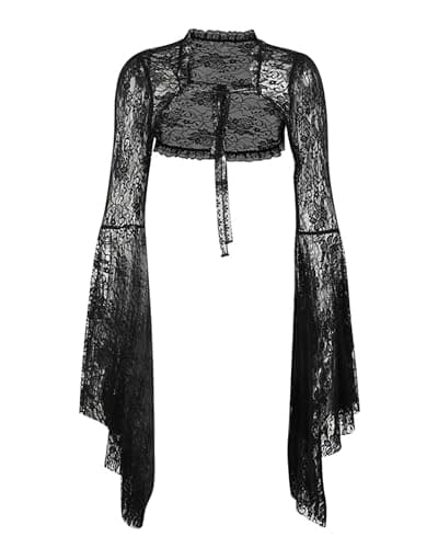 Image of DINGJIUYAN Lace Cropped Cover Up -Goth Sheer Long Bell Sleeve Vintage and Aesthetic Tops