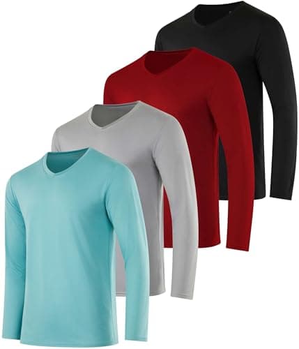 Image of Real Essentials 4 Pack: Men's Dry Fit Long Sleeve V-Neck Active T-Shirt - Athletic Outdoor UPF 50+ (Available in Big & Tall), Set 9, Large