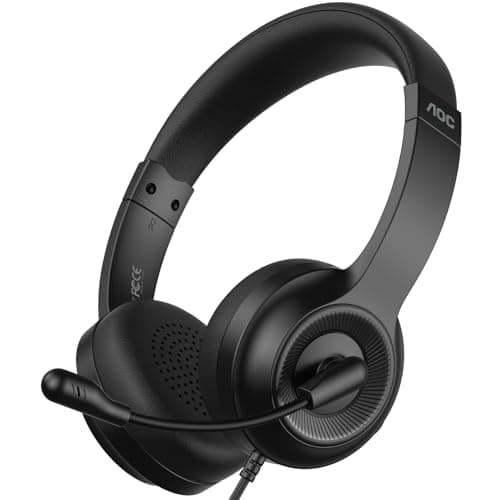 Image of AOC USB Headset with Microphone, On-Ear Wired Headphones with Microphone, Noise-Cancelling, 40mm Audio Drivers, Headset for PC Computer Laptop Desktop Home Office Call Centers Teams Zoom (Dark Black)
