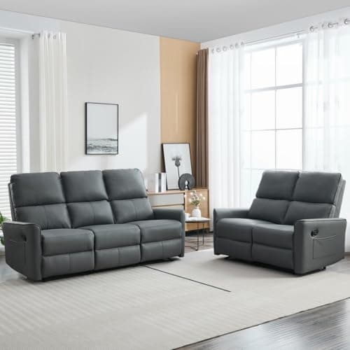 Image of More4Homes MADRID 2+3 SEATER MANUAL RECLINER AIR LEATHER SOFA SET (Grey)