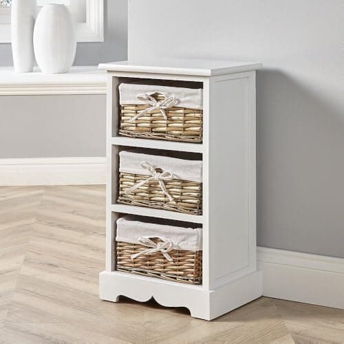 Image of Home Source Bedroom Wooden Storage Unit, Woven Willow Wicker Baskets, 3 Drawer Cabinet Chest, White