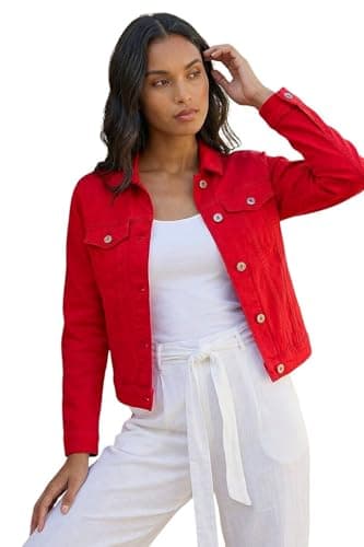 Image of Roman Originals Jean Denim Jacket for Women UK Ladies 100% Cotton Summer Casual Stretch Crop Smart Utility Trucker Biker Fitted Vintage Wash Faded Classic Work Twill - Red - Size 20