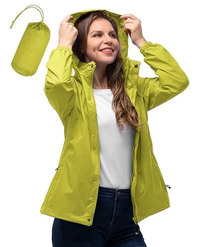 Image of 33,000ft Women's Lightweight Rain Jackets Hooded Breathable Packable Running Raincoats Active Trench Windbreaker with Hideaway Hood for Cycling Hiking (Lemon Green-M/UK 12)
