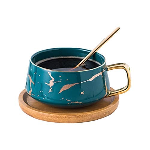 Image of Eplze YBK Tech Porcelain Tea Cup Coffee Mug Set for Afternoon Tea - Marble Pattern (Green, Short 300ml + Wood Saucer)