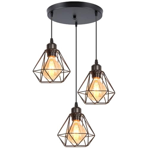Image of iDEGU 3 Lights Vintage Ceiling Pendant Light Fitting, Geometric Cage Style E27 Industrial Metal Chandelier Lamp Shade for Bedroom Living Room Dining Room, Black, Ø 16cm (3-Light, Round)
