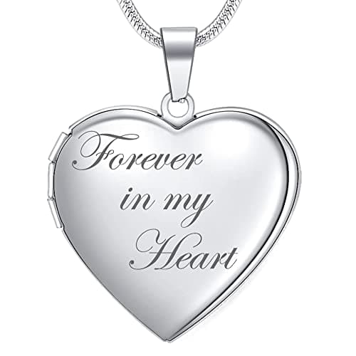 Image of Farfume Heart Locket Necklace for Women, Engraved Text Hold Two Photos Necklace, Personalised Photo Jewellery Gifts for Family& Friends (1B Glossy-Silver)