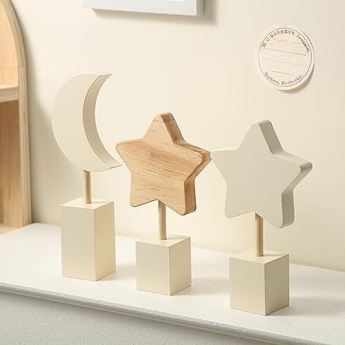 Image of Barydat 3 Pcs Boho Nursery Shelf Decor Wooden Moon and Star Nursery Decor Set Cute Bohemian Children Kids Decoration for Boys Girls Farmhouse Bedroom Kindergarten Classroom Playroom Bookshelf