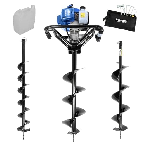 Image of Hyundai 56cc Petrol Earth Auger Post Hole Digger with 100mm 150mm & 200mm Drill Bits, Anti-Vibration Handle, Heavy Duty Ground Borer