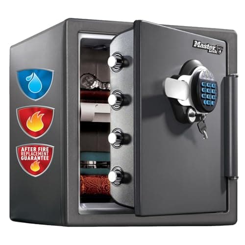 Image of MASTER LOCK Certified Fireproof and Waterproof Safe, 33L, 453 x 415 x 491 mm, Digital Combination plus override Key with Backlit Keypad, for home and professionals, Grey Medium