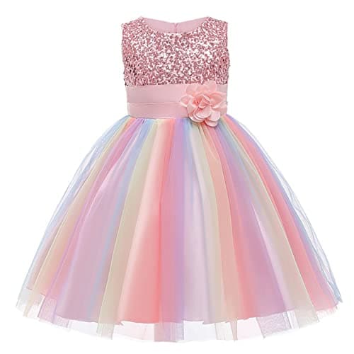 Image of M MUNCASO Girls Princess Dress Sequin Tulle Flower Rainbow Round Collar Sleeveless Formal Dress Birthday Party Wedding Bridesmaid Girl Evening Dresses Toddler Baby Age for 3-9 Years(Pink)