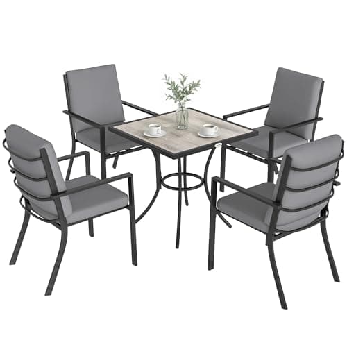 Image of Outsunny 5 Pieces Outdoor Dining Set with Cushions, Garden Dining Set for 4 with Square Table and Stackable Chairs, Garden Table and Chairs for Patio, Porch, Grey Wood Effect