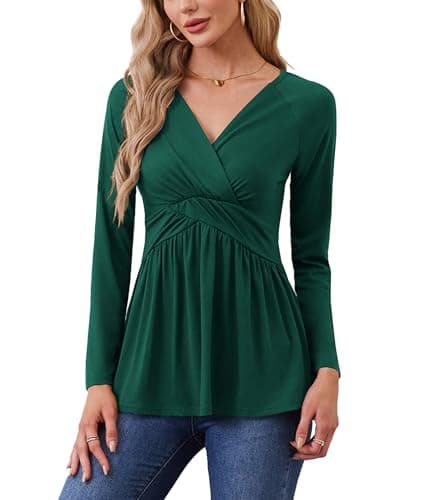 Image of TIANZHU Women’s Wrap Tunic Top Elegant V-Neck Long Sleeve Shirt Empire Waist Flowy A-Line Babydoll Style for Vacation, Dark Green, Size 8-10