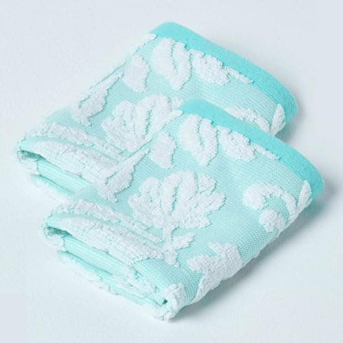 Image of HOMESCAPES Pack of 2 Luxury Turquoise Face Cloths 100% Turkish Cotton Patterned Wash Cloth Super Soft & Absorbent Extra Thick 600GSM Flannel Ringspun Aqua Towel with Damask Pattern