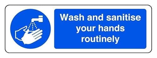 Image of Wash And Sanitise Your Hands Routinely - safety sign - High tack self-adhesive sticker (150mm x 50mm) Viewing Distance within 3m.