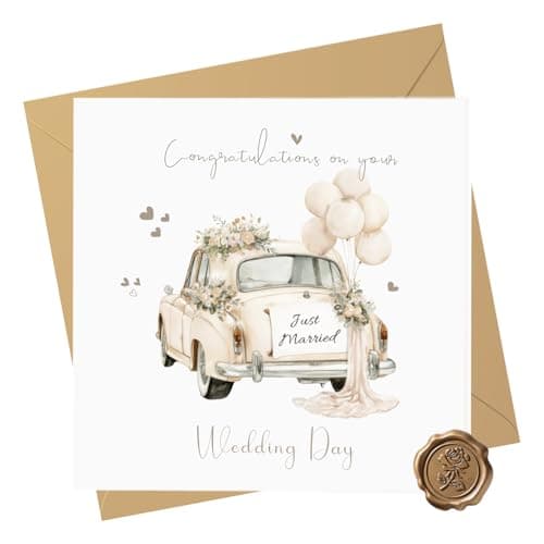 Image of Tayenura Wedding Card for Bride and Groom with Vintage Car and Floral Balloon Design, Stylish Set with Kraft Envelope and Embossed Seal Sticker, Thoughtful Wedding Gift for the New Mr and Mrs