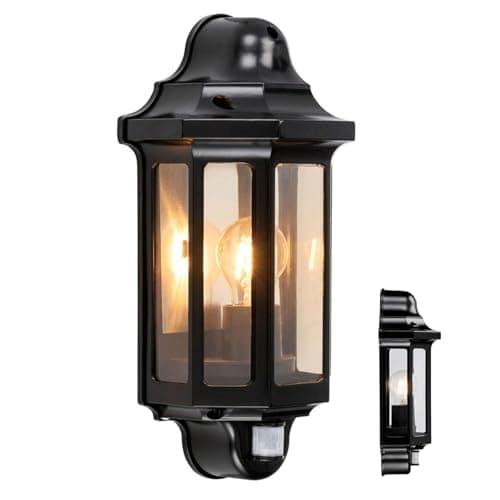 Image of National Lighting Black Outdoor Security Lights - PIR External Wall Light - Motion Sensor Presence Detector Half Lantern Garden Porch Wall Lamp - IP44 Rated 60W GLS ES or LED E27 (Not Included)