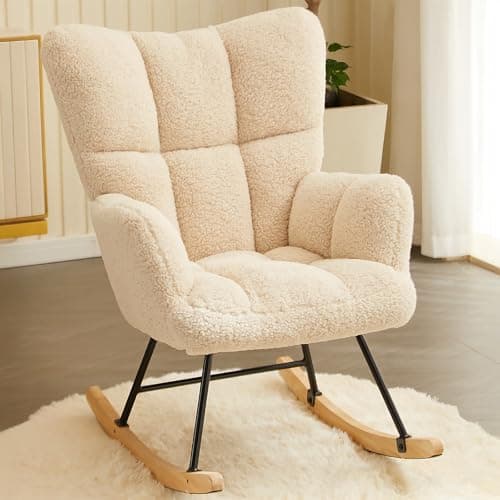 Image of Hawthyhome Rocking chair,Lambswool with High Backrest Armrest,Upholstered up to 136 kg load-bearing Comfy Stabilise Rocking Chair for Livingroom Bedroom Balcony Beige