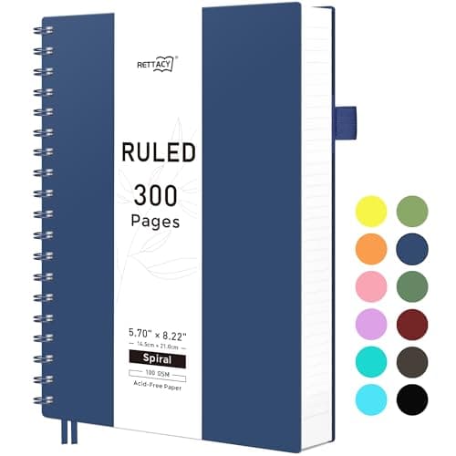 Image of RETTACY A5 Notebook, Notepad, Wirebound Spiral Notebooks 300Pages /150 Sheets for Writing,100gsm College-Ruled Paper, Flexible Plastic Cover, for Men Work Office School,14.5 x 21cm - Navy blue