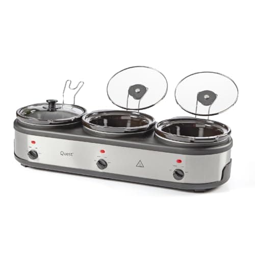 Image of Quest Triple Slow Cooker, Buffet Server & Food Warmer, 7.5L Total Capacity - 3x 2.5 Litre Ceramic Pots, Easy to Clean, Includes Lids & Lid Stands, 3 Heat Settings