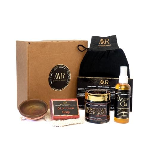 Image of Moroccan Hammam Spa Set: Black Soap with Aker Fassi (Poppy Petal & Pomegranate Peel), Kessa Exfoliating Glove, 75ml Pure Argan Oil, Aker Fassi Brightening Soap Bar, Exfoliating Pouch & Aker Fassi Tint