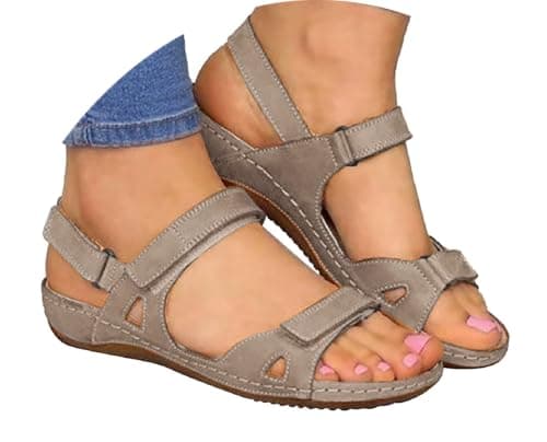 Image of Black Sandals for Women, Sandals for Women Shoes Womens Orthopedic Women's Sandals & Slides Arch Support Summer Slip on Ladies Wedge Wide Fit Walking Platform Beach Sliders Grey 4
