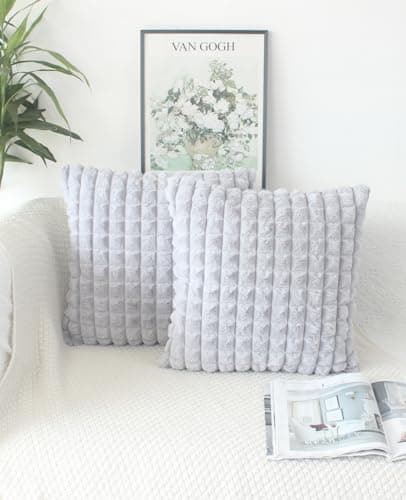 Image of OYIMUA Fluffy Silver Grey Cushion Covers 50cm x 50cm Faux Fur Cushion Cover 20x20 inches Set of 2 Pillow Cases Soft Plush Sofa Cushions Living Room Modern Moroccan Covers