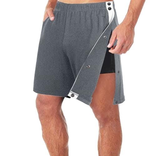 Image of Men's Tear Away Training Shorts with Side Snap Closure, Elastic Waist Quick Change Activewear, Grey Recovery Split Design, Lightweight Breathable Fabric, For Gym Warm-Up or Post-Surgery Use