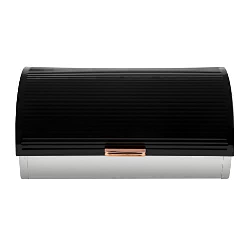 Image of Tower Linear Roll Top Bread Bin with Ventilation and Stainless Steel Body, Black and Rose Gold, 20 x 41 x 27 cm