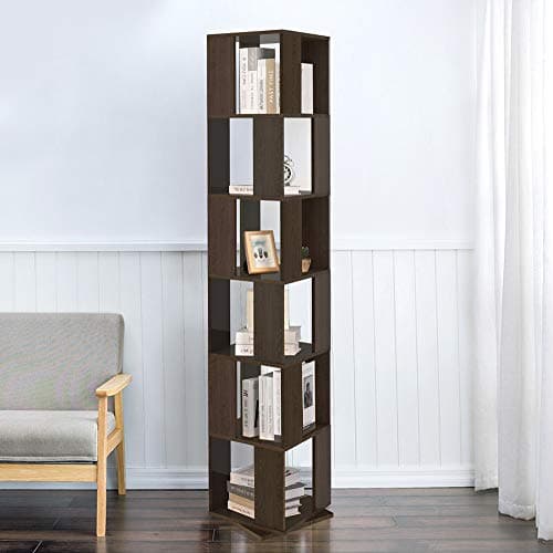 Image of Redd Royal 6-Tier Bookcase 360° Rotating Bookshelf, Floor Standing Storage Rack for Living Room Bedroom, Open Design Swivel Corner Shelf Home Office Decor (Dark Walnut)